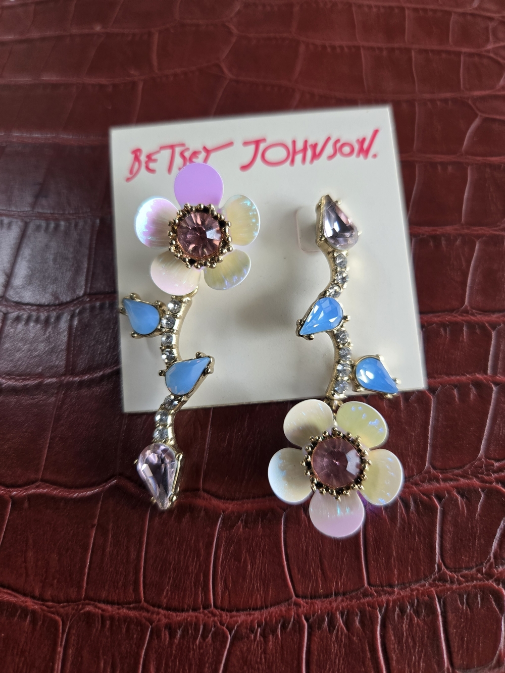 Betsey Johnson Pink & Blue Flower Drop Earrings